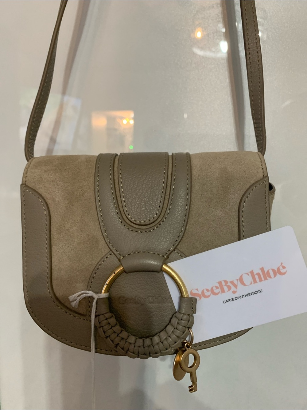 Taupe Crossbody Saddle Bag with Gold Ring Accent - Picture 4 of 12